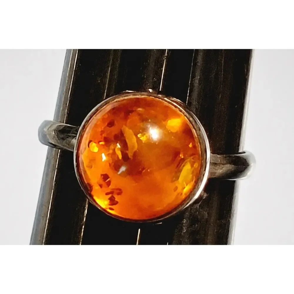 Vintage Boho‎ Sterling Silver Amber Ring Orange 925 Size 6.5